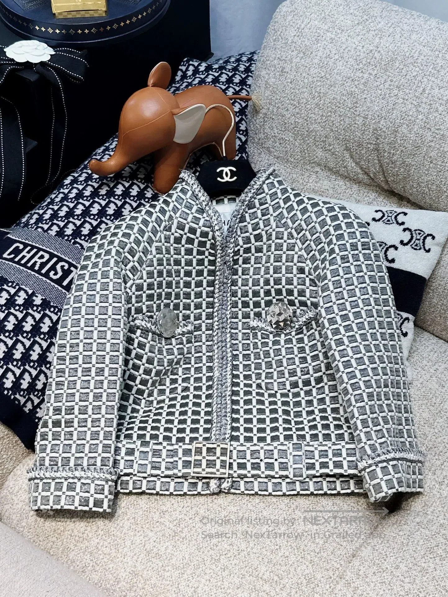 Chanel Gray White Plaid Short Jacket.