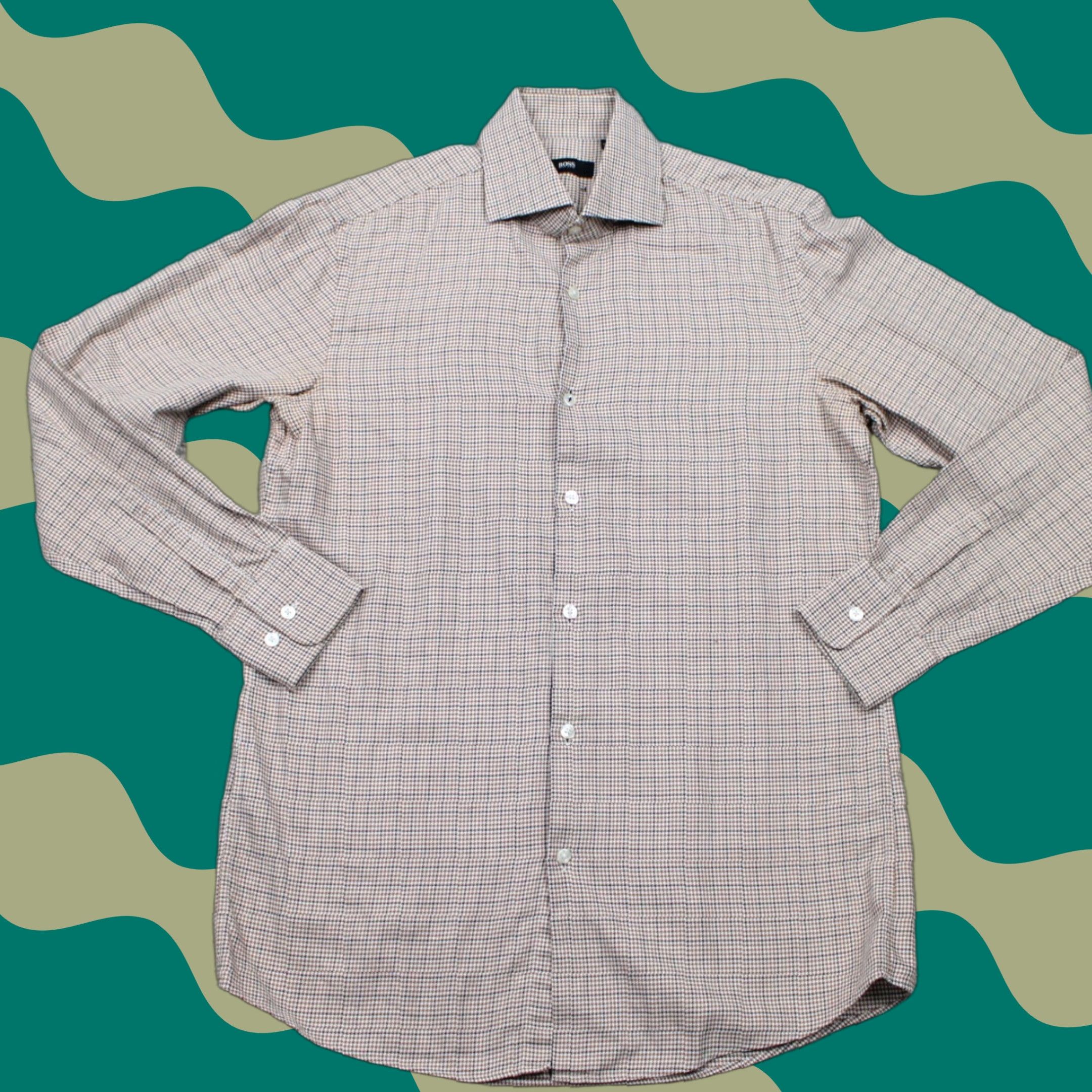 Hugo Boss HUGO BOSS Dress Shirt Mens 15 32/33 Brown White Cotton L/S Button Collar Check 21 in Chest Size 40R - 1 Thumbnail
