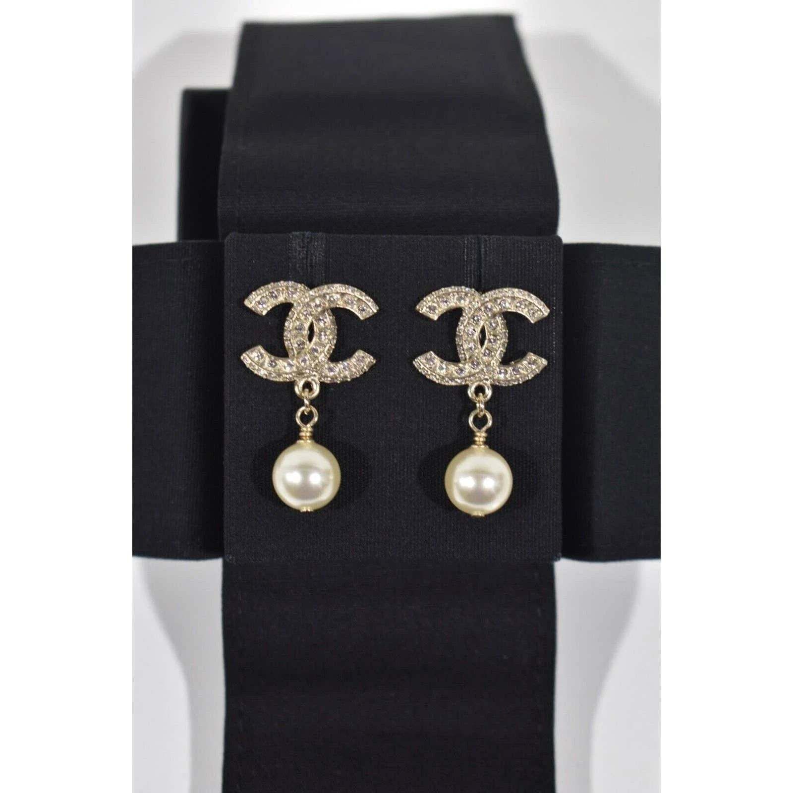 Chanel Chanel Gold Resin Crystal Pearl Statement Stud Drop Earrings Size ONE SIZE - 6 Thumbnail