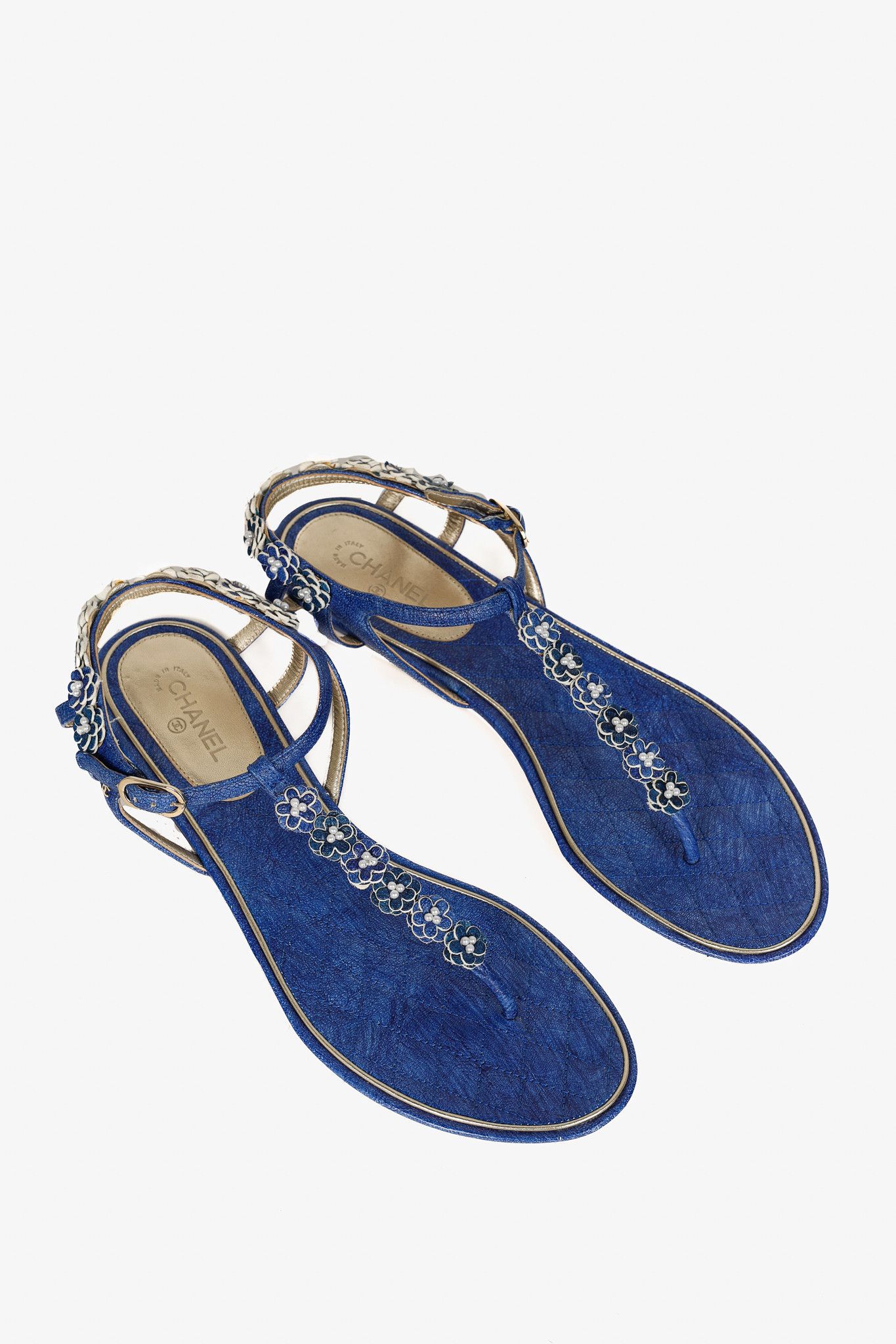 Chanel Chanel Blue Floral-Embellished Leather Thong Sandals Size US 10.5 / IT 40.5 - 1 Thumbnail