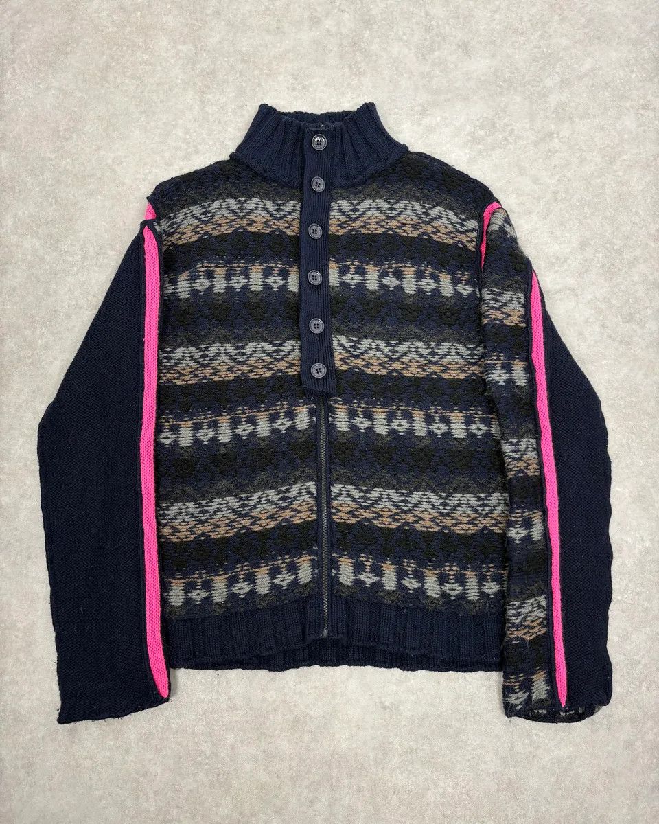 Dolce & Gabbana 2000s Dolce & Gabbana Navy Abstract & Pink Wool Zip-up Sweater Size US M / EU 48-50 / 2 - 1 Thumbnail