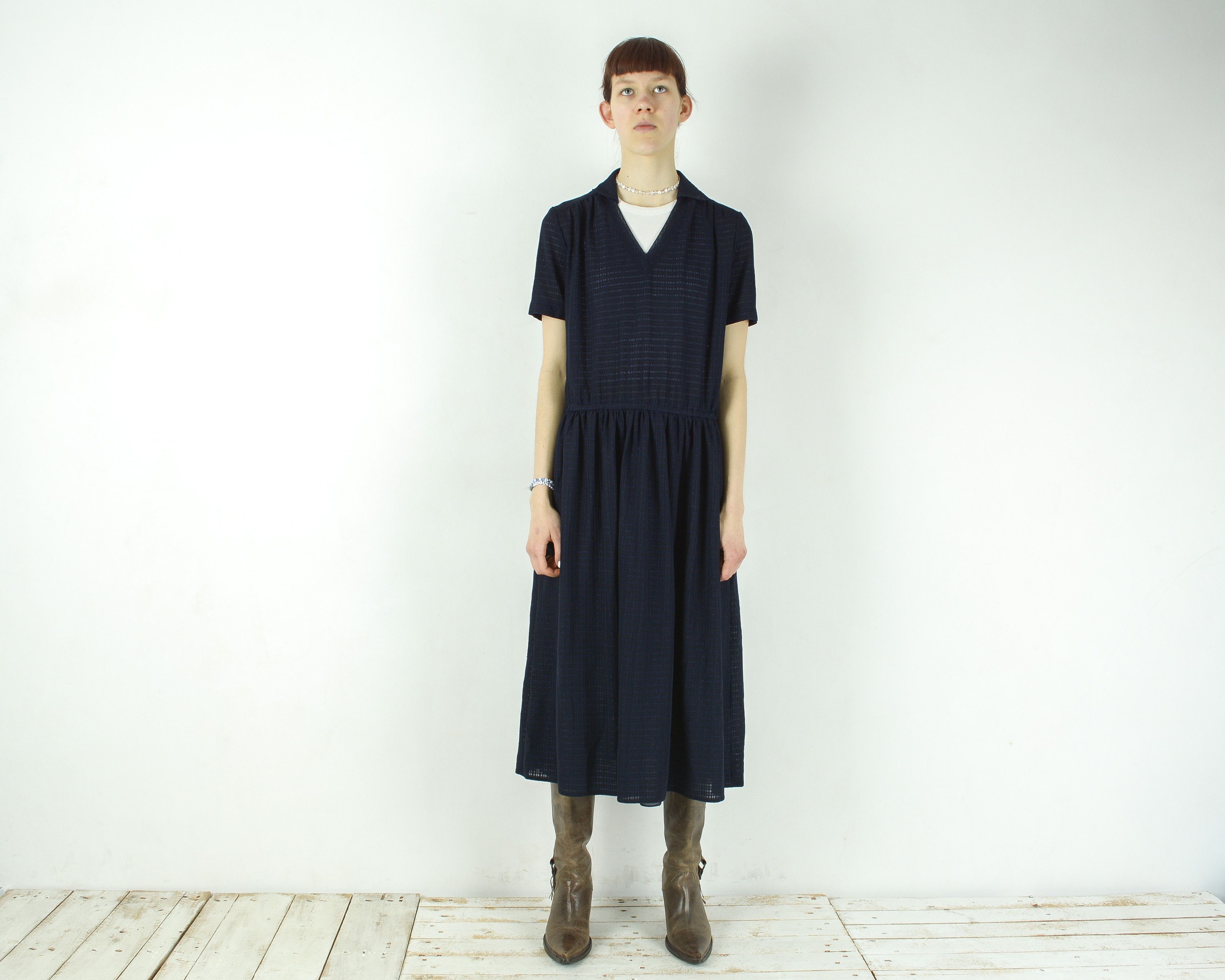 Other × Vintage WIBOR Dress Elastic Waist Midi Lined Collared Short Sleeve Size M / US 6-8 / IT 42-44 - 1 Thumbnail