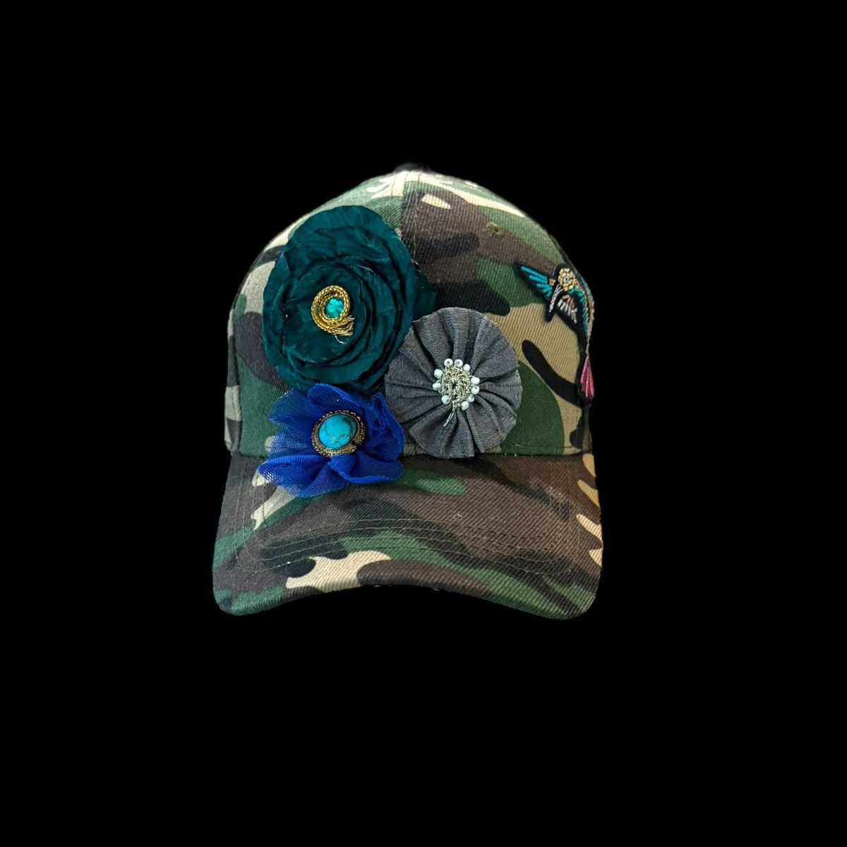 Other Custom/cap embellished with flowers and hummingbird. Size ONE SIZE - 7 Thumbnail