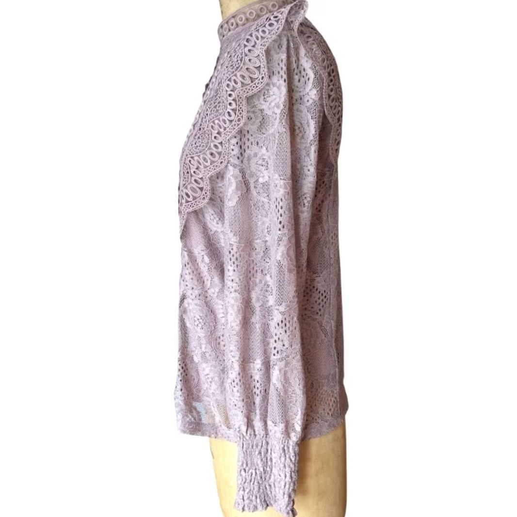 Vintage Cable & Gauge Floral Lace Mock Neck Ruffle Blouse S Women Long Sleeve Purple) Size S / US 4 / IT 40 - 3 Thumbnail