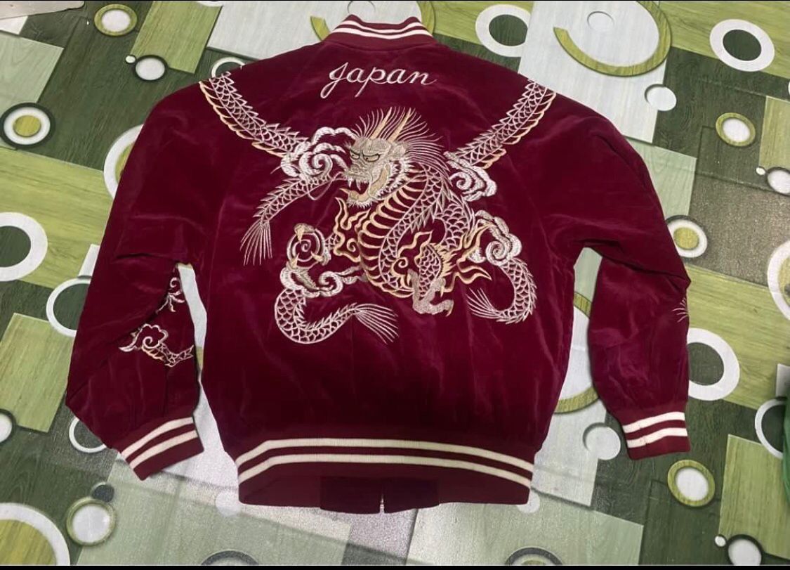 Vintage Sukajan Jacket red japanese velvet dragon on sale bomber