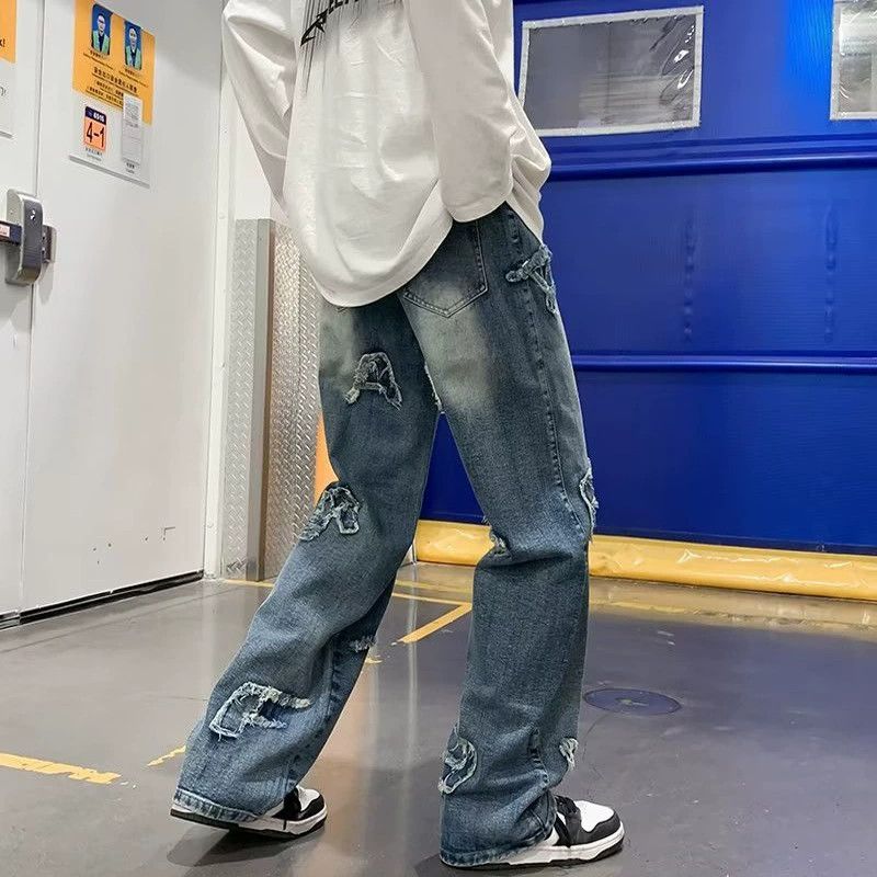 Jean American hiphop men's loose patch washed wide-leg jeans Size US 32 / EU 48 - 4 Thumbnail