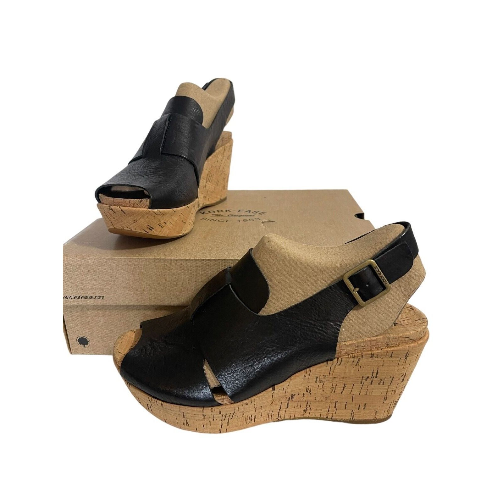KorkEase New KorkEase® Alex Black Leather Slingback Platform Wedge S