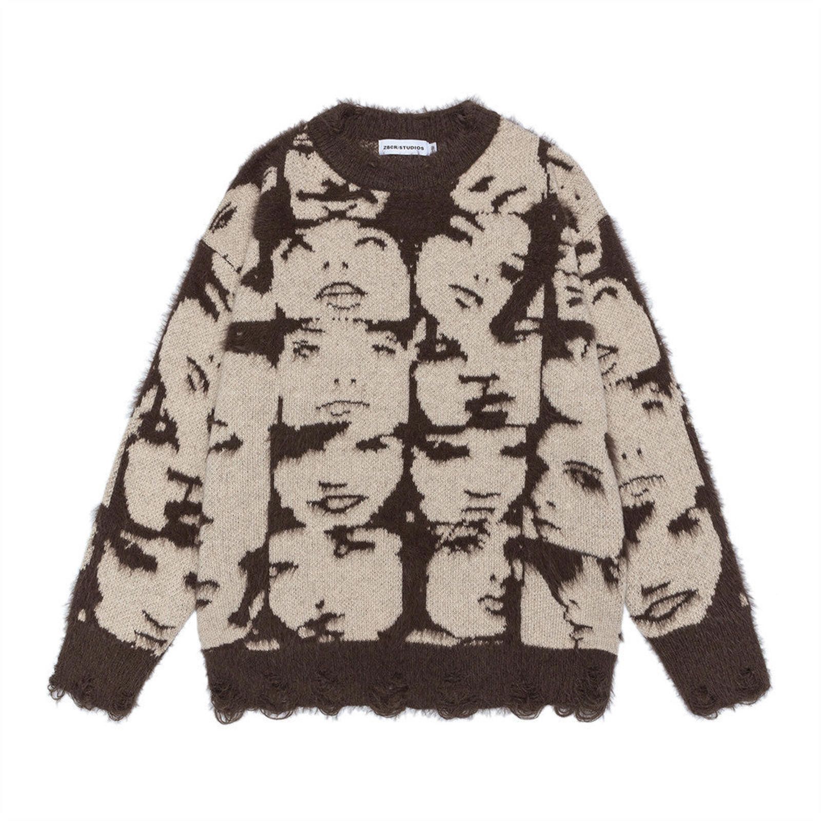 Vintage Fuzzy Face Print Sweater, Cozy Knit Pullover Size US M / EU 48-50 / 2 - 1 Thumbnail