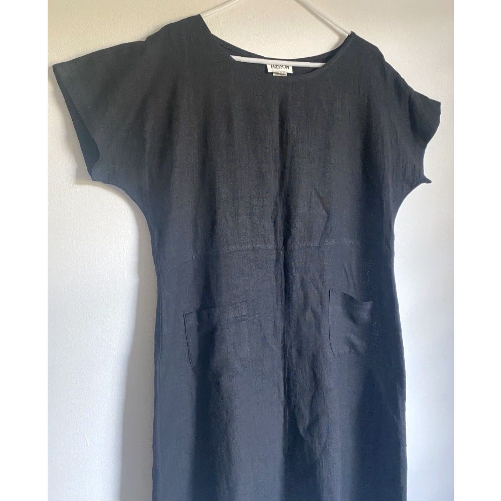 Vintage VINTAGE Frisson Women's Linen Midi Dress Short Sleeve Made in USA Sz L Black Pockets 90s Bohemian A-Line Casual Modern Classics Womens Size 36" / US 14 / IT 50 - 5 Thumbnail