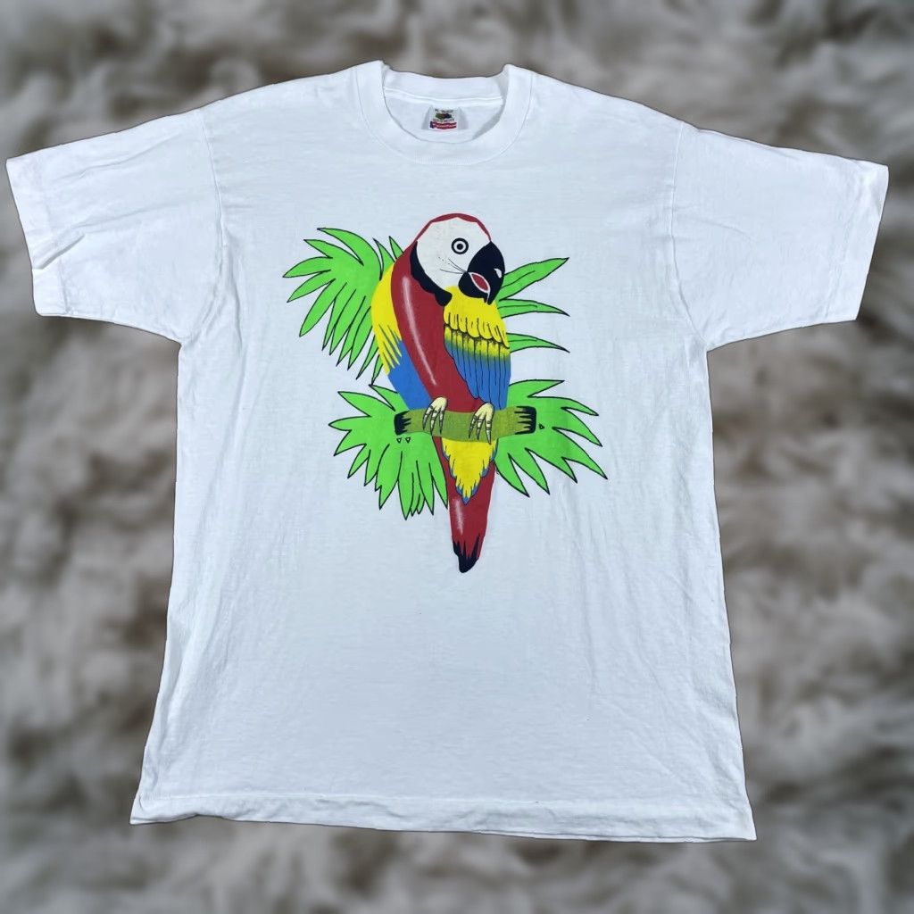 Fruit Of The Loom VINTAGE Parrot Bird T-Shirt Mens XL White Nature Cartoon USA Crew Neck Short Sleeve Cotton Fruit of the Loom Graphic Print 90s Men Size US XL / EU 56 / 4 - 1 Thumbnail