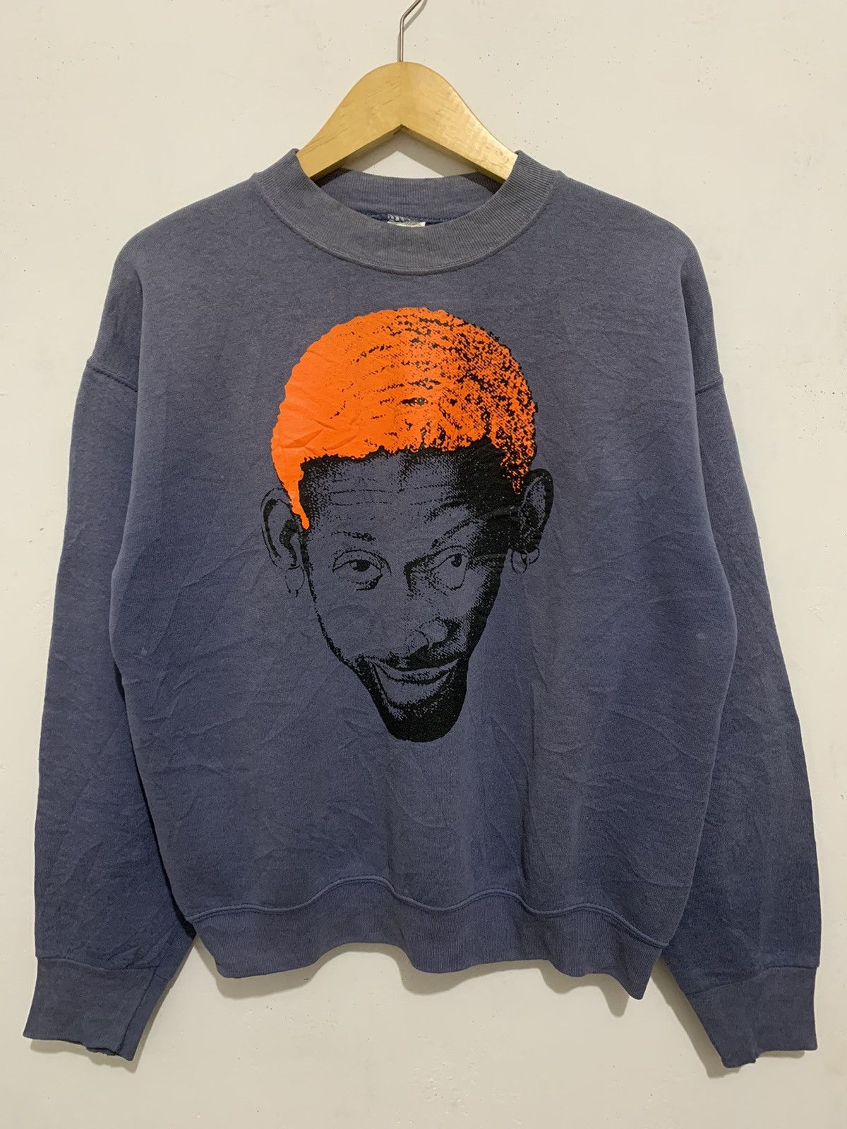 image of Archival Clothing Dennis Rodman Logo Big Face Vintage Crewneck in Purple, Men's (Size Medium)
