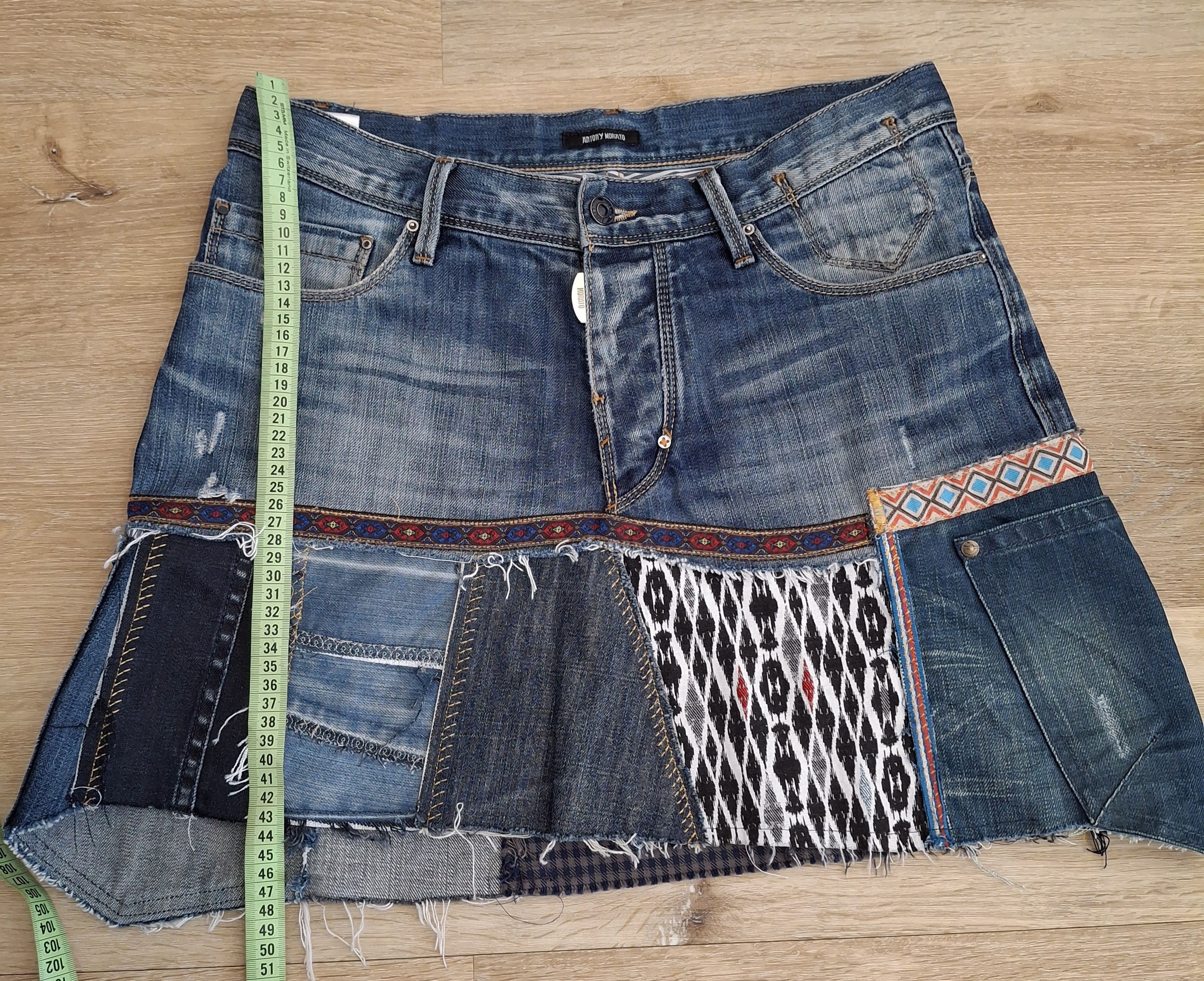 Handmade Custom Deconstructed 2000s Italian Denim Mini Skirt Size 33" - 14 Thumbnail