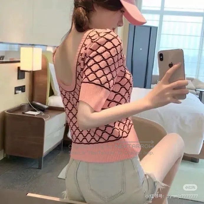 Chanel Chanel Pink diamond plaid logo double C knitted short slee Size XXS / US 00 / IT 34 - 8 Thumbnail
