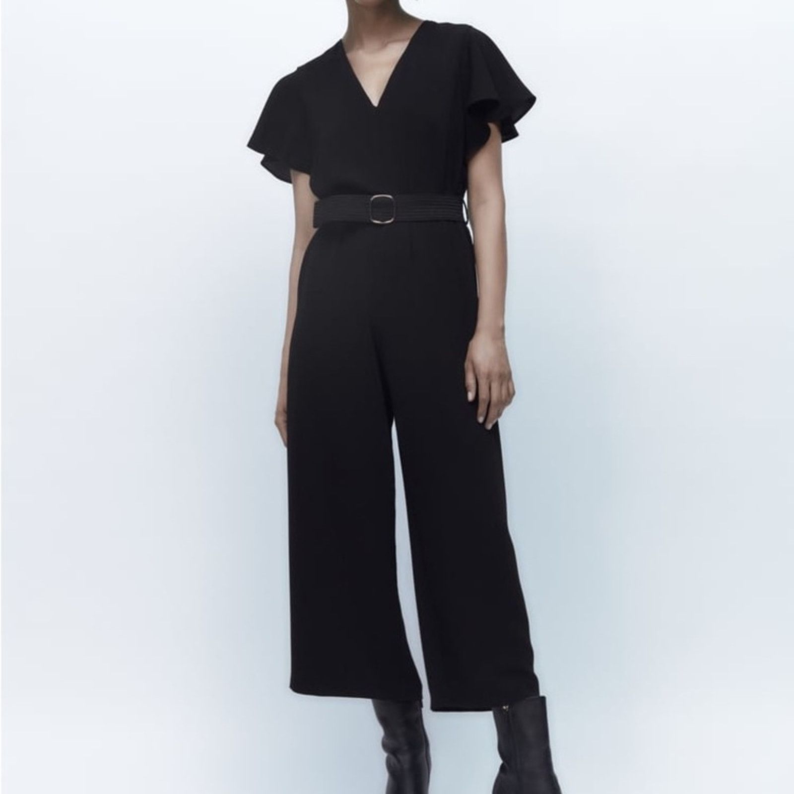 Zara ZARA BELTED RUFFLED JUMPSUIT BLACK Size 26" / US 2 / IT 38 - 2 Thumbnail