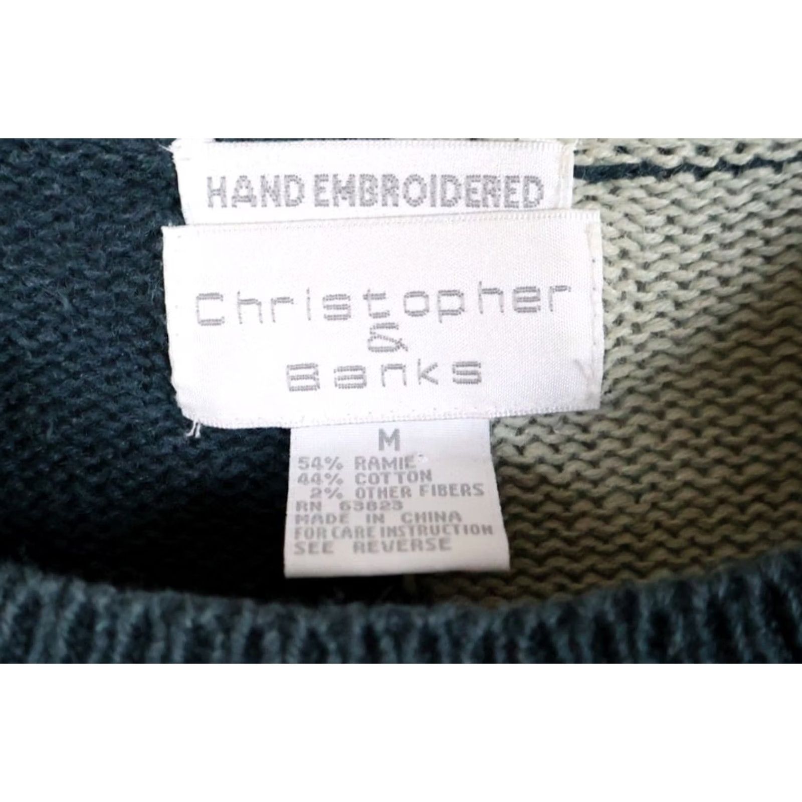 Vintage VINTAGE 90s Patchwork Sweater Women's Medium Green Ramie Cotton Christopher & Banks Crew Neck Embroidered Geometric Knit Pullover Casual Size M / US 6-8 / IT 42-44 - 3 Thumbnail