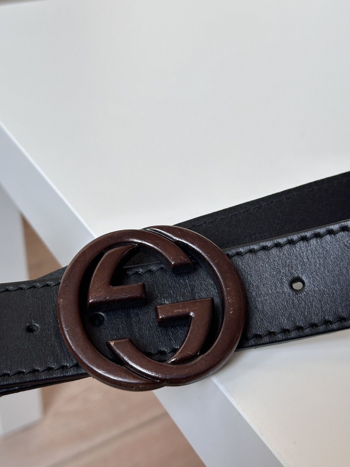 Gucci GUCCI Wooden Brown Buckle Leather Double GG Belt Size: 85/34 Size 30 - 13 Thumbnail