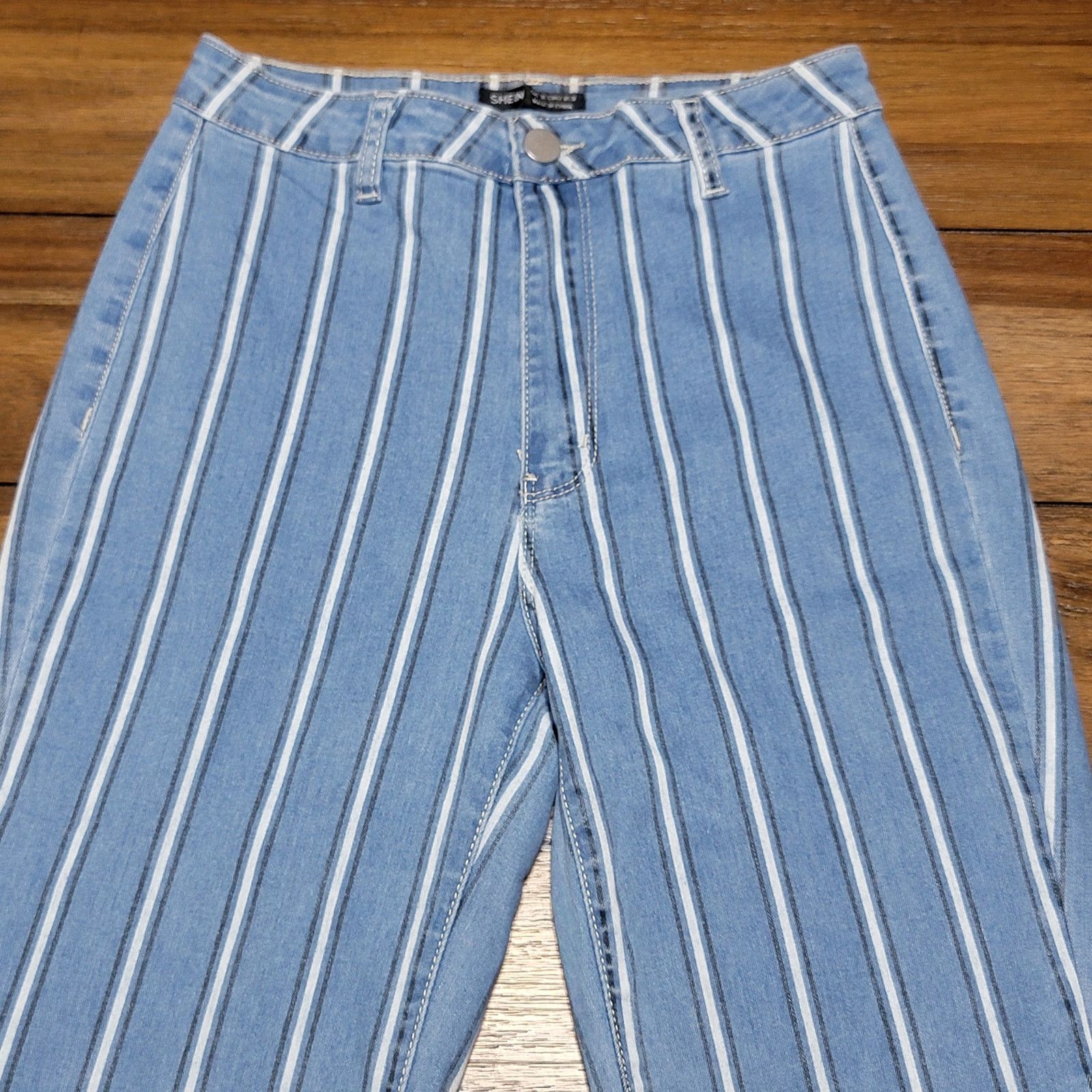 Shein Shein Blue Denim Striped Flare Pants - Size 10 Size 32" / US 10 / IT 46 - 2 Thumbnail