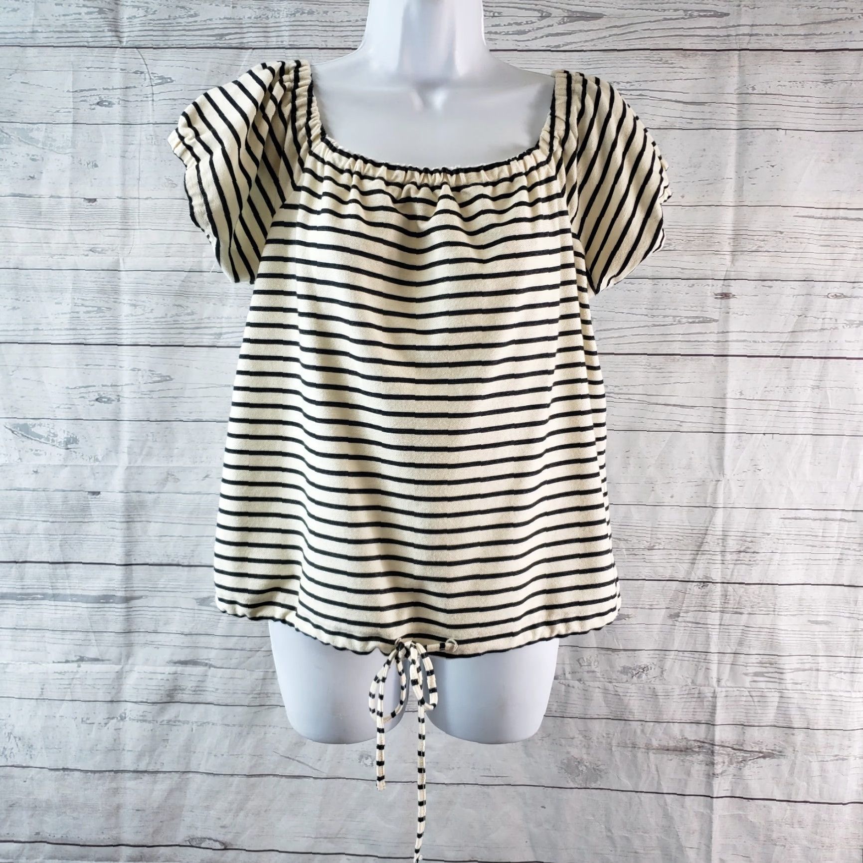 Madewell Madewell Blouse Womens Short Sleeve Off the Shoulder Top L Black Stripe Multicolor Size L / US 10 / IT 46 - 2 Thumbnail