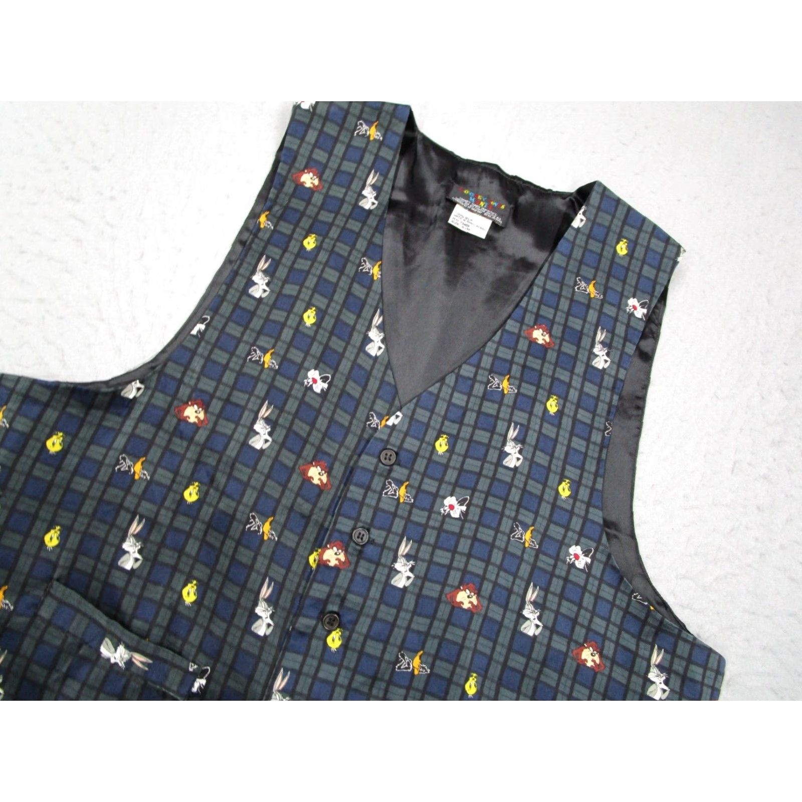 Vintage VINTAGE Looney Tunes Vest Men Small Green Tartan Silk Button Up 1993 - Looney Tunes Vest, Green, Silk, Button Up, 1990s, Vintage, Mens, Small, Adults Size US S / EU 44-46 / 1 - 2 Thumbnail