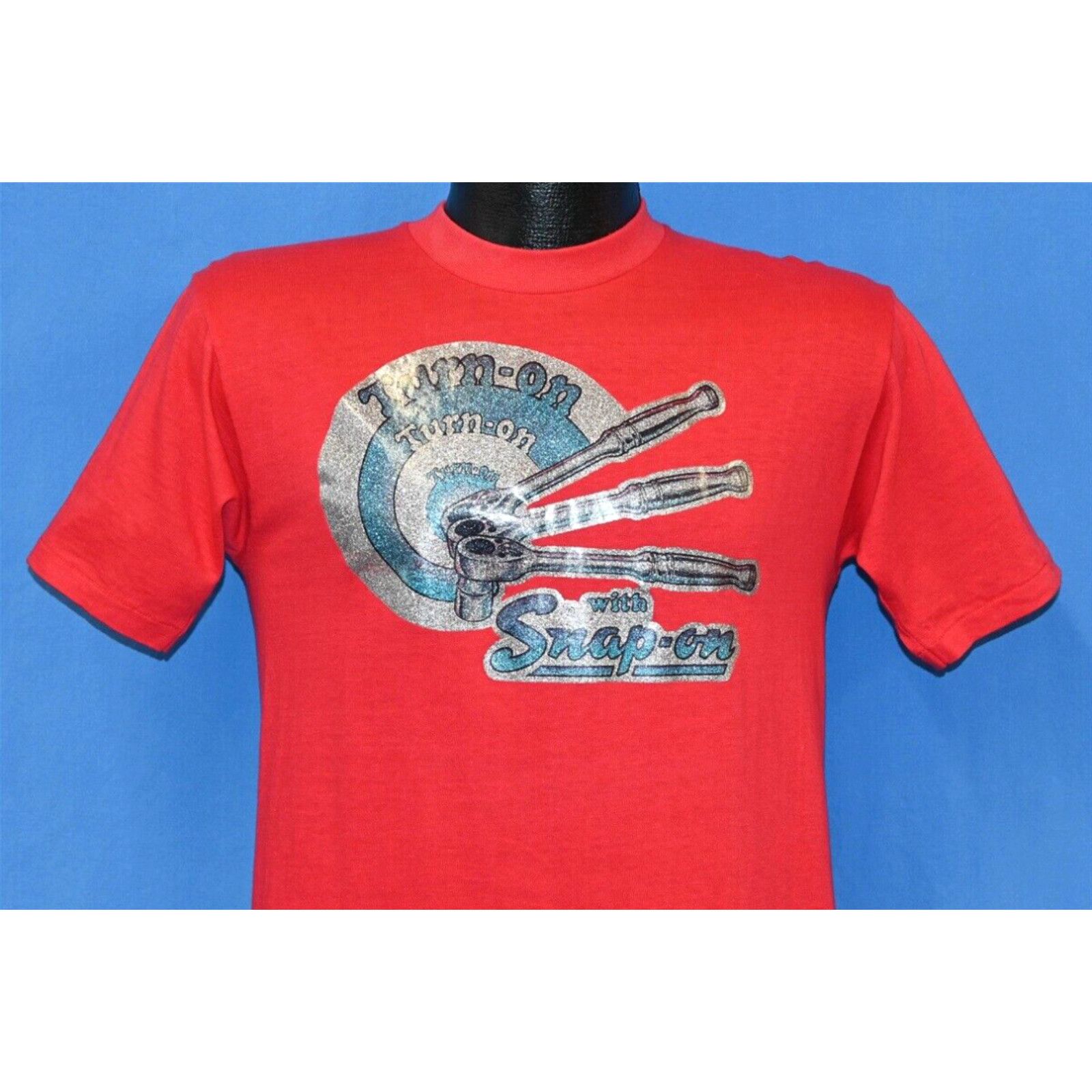 image of Vintage 70's Turn On With Snap-On Iron On Glitter Ratchet Tools T-Shirt Small S in White, Men's