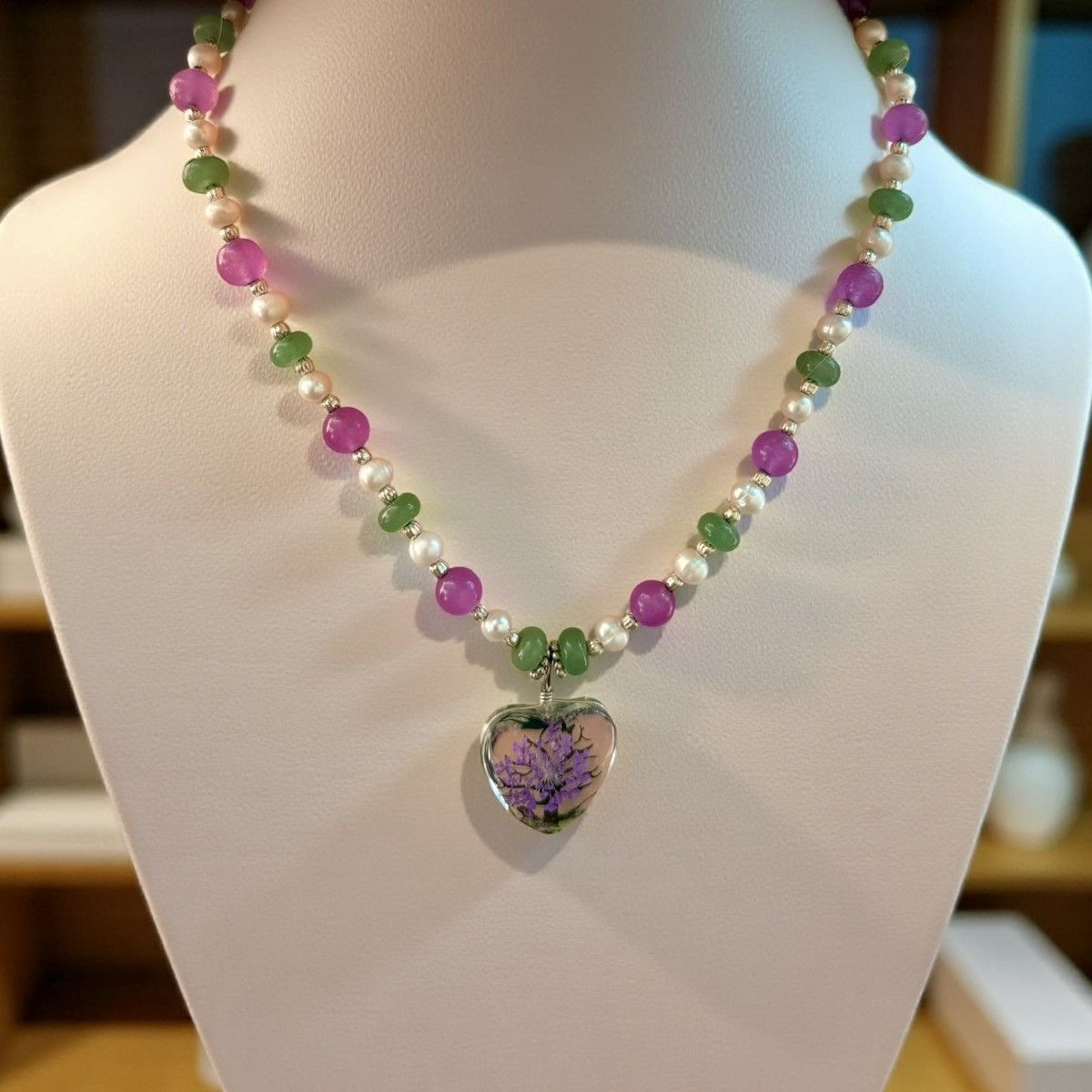 Other Pearl, Jade, Aventurine Handmade Beaded Necklace w Heart Size ONE SIZE - 5 Thumbnail