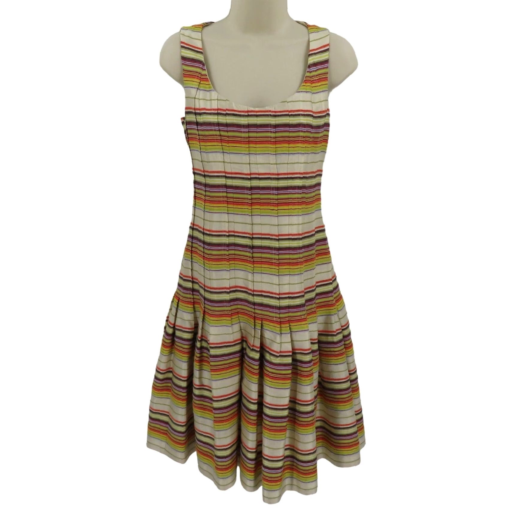 Akris Akris Punto Dress Woman 4 US 36 FR Multicolor Horizontal Stripe Pleated Knee Length Silk A-Line Sleeveless Zip Back Womens Size S / US 4 / IT 40 - 2 Thumbnail