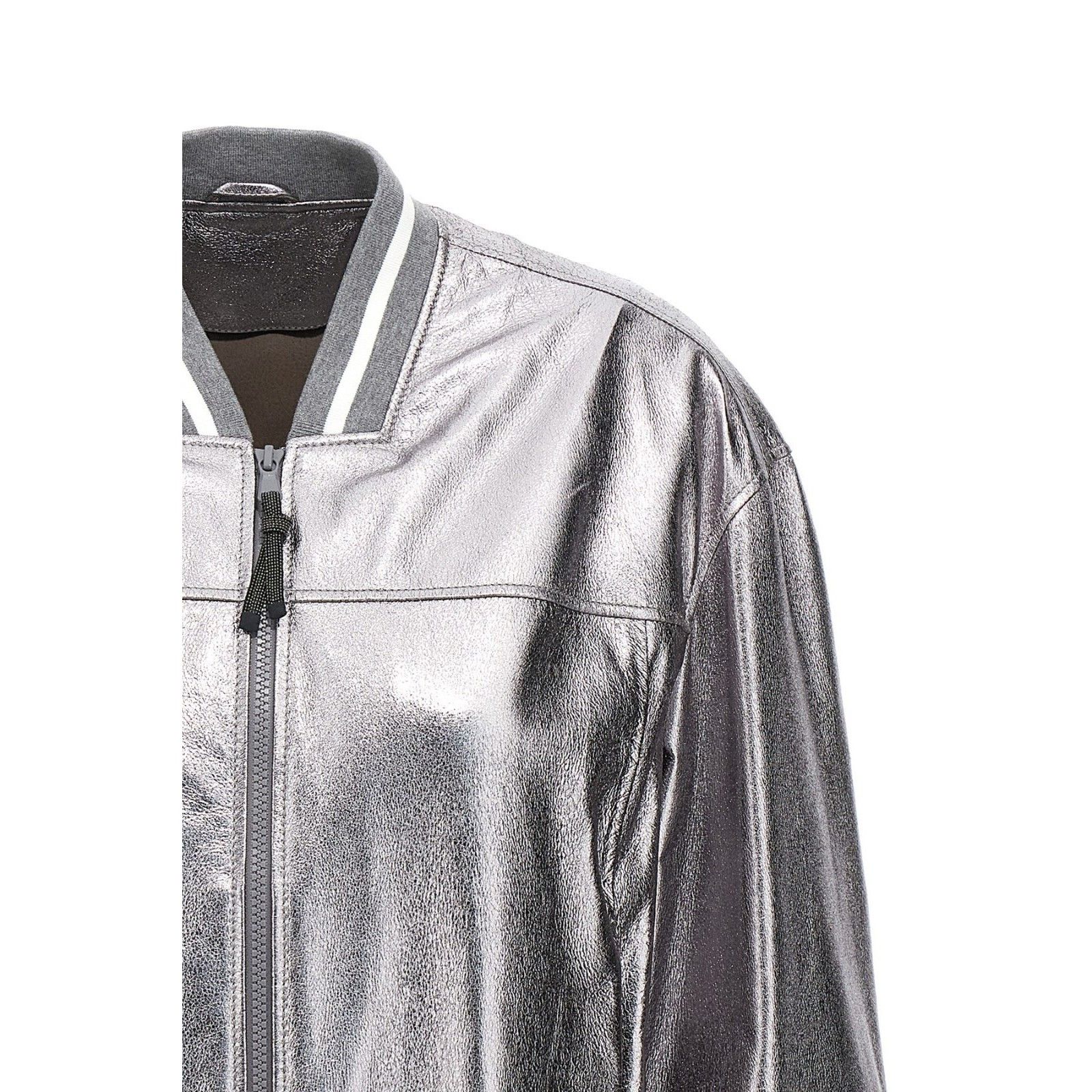 Brunello Cucinelli BRUNELLO CUCINELLI Silver Shiny Leather Bomber Jacket New & Size M / US 6-8 / IT 42-44 - 3 Thumbnail