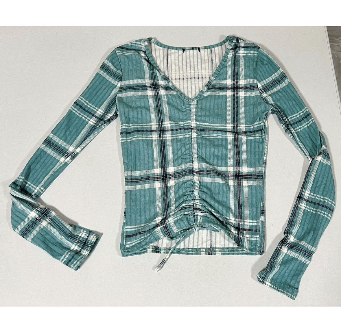 Japanese Brand Blue Plaid V-Neck Long Sleeve Shirt Top Blouse Tee Size S 🩵✨ Size S / US 4 / IT 40 - 2 Thumbnail