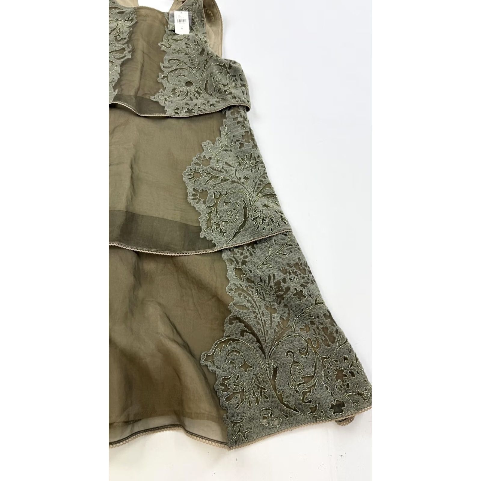 Anthropologie Not So Serious Dress Womens 0 Olive Green Silk Beaded Embroidered Tiered Sheer Size XS / US 0-2 / IT 36-38 - 2 Thumbnail