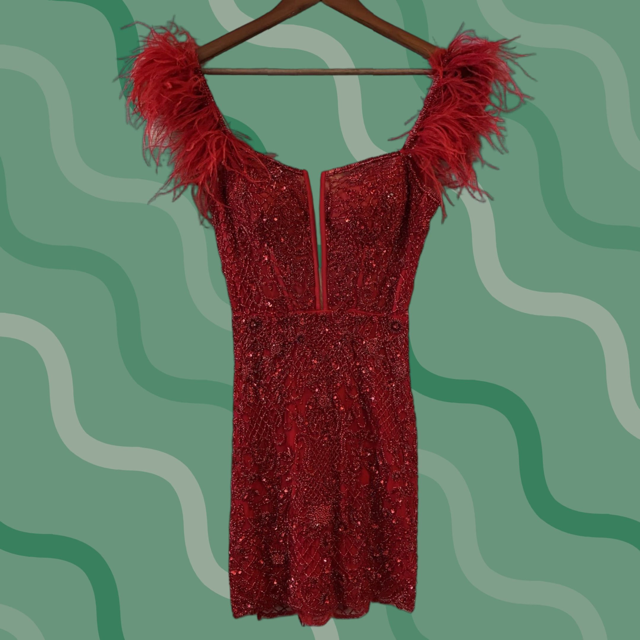 Vintage Sherri Hill Dress Short Red Sequin 55148 Off Shoulder A-Line NWT Size 4 Womens Feathers Prom NWT Size 27" / US 4 / IT 40 - 1 Thumbnail