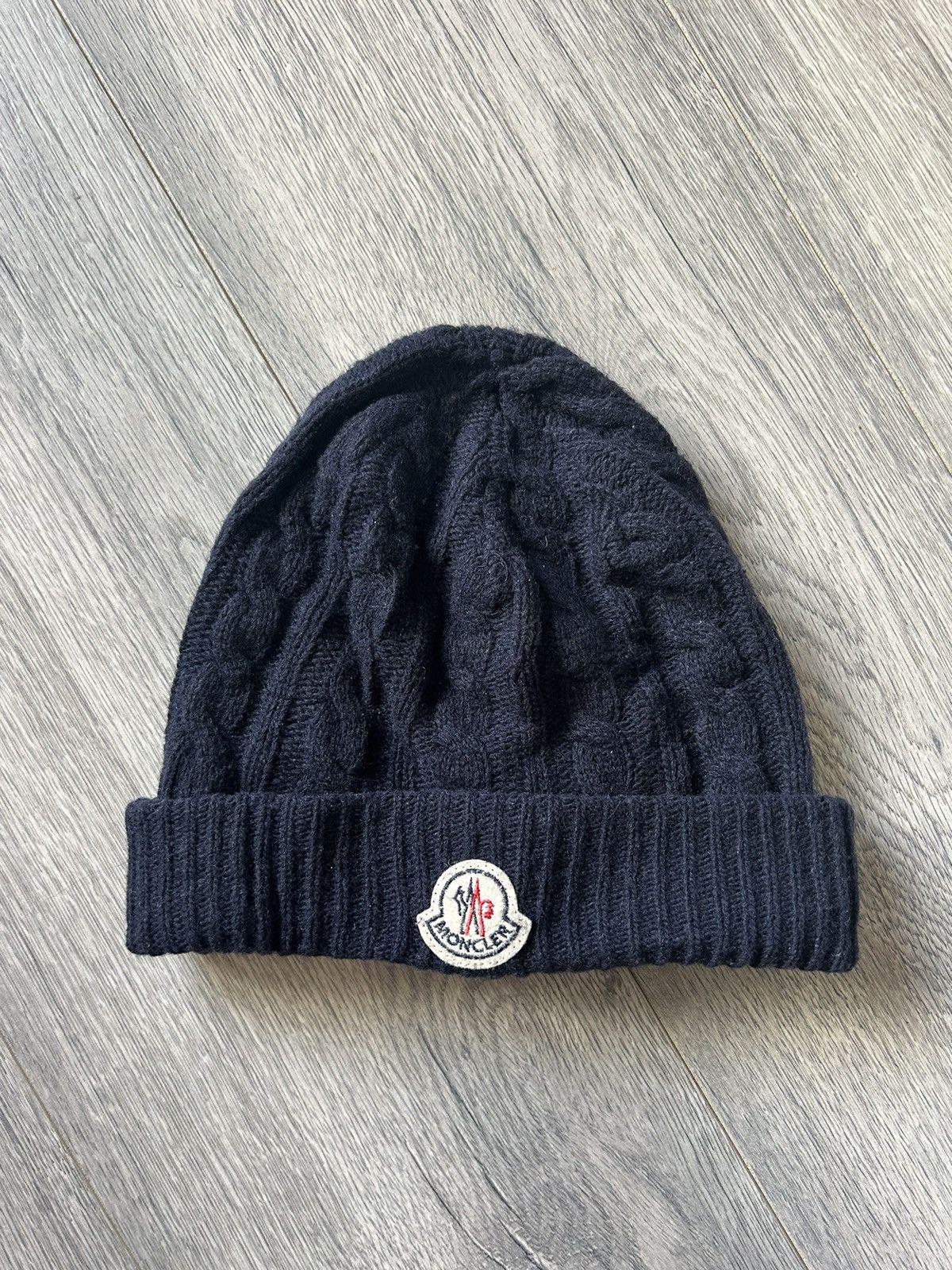 Moncler Navy Logo Cable Knit Beanie Size ONE SIZE - 1 Thumbnail