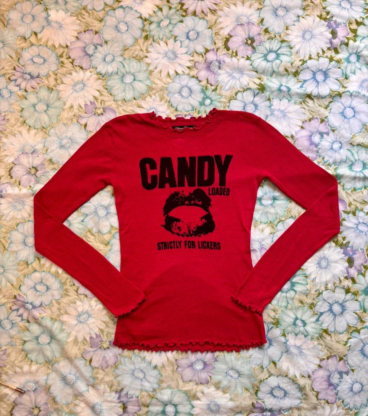 image of Hysteric Glamour Candy Lips Long Sleeve Ruffle Tee - in Pink, Women's (Size Small)