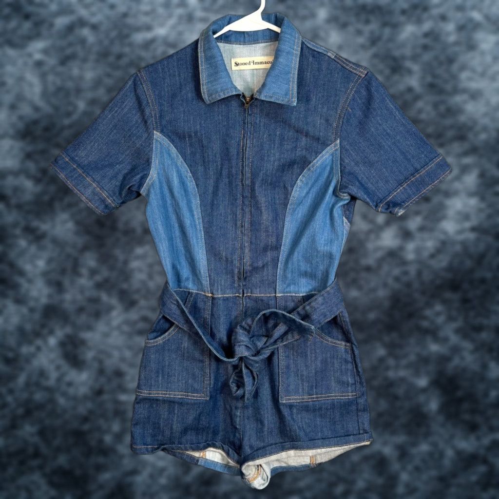 Vintage Stoned Immaculate Denim Romper Womens Medium Belted Short Sleeve One-Piece Blue USA Made Summer Size 32" / US 10 / IT 46 - 1 Thumbnail