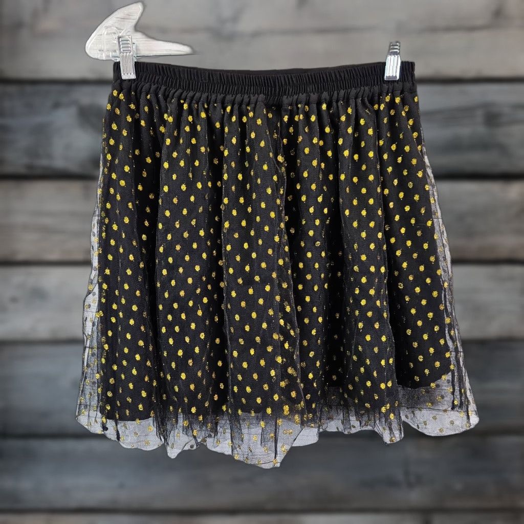 Vintage Modcloth Womens Skirt Polka Dot Black Gold Mini Pull On M Satin Polyester Short 90s Womens Size 32" / US 10 / IT 46 - 1 Thumbnail