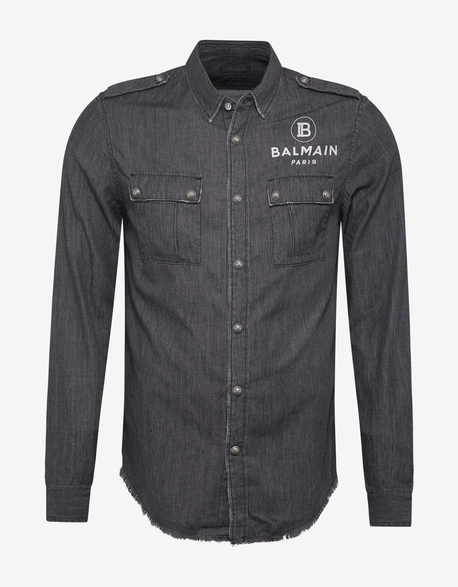 Balmain Balmain Grey Denim Logo Print Military Shirt Size US L / EU 52-54 / 3 - 1 Thumbnail
