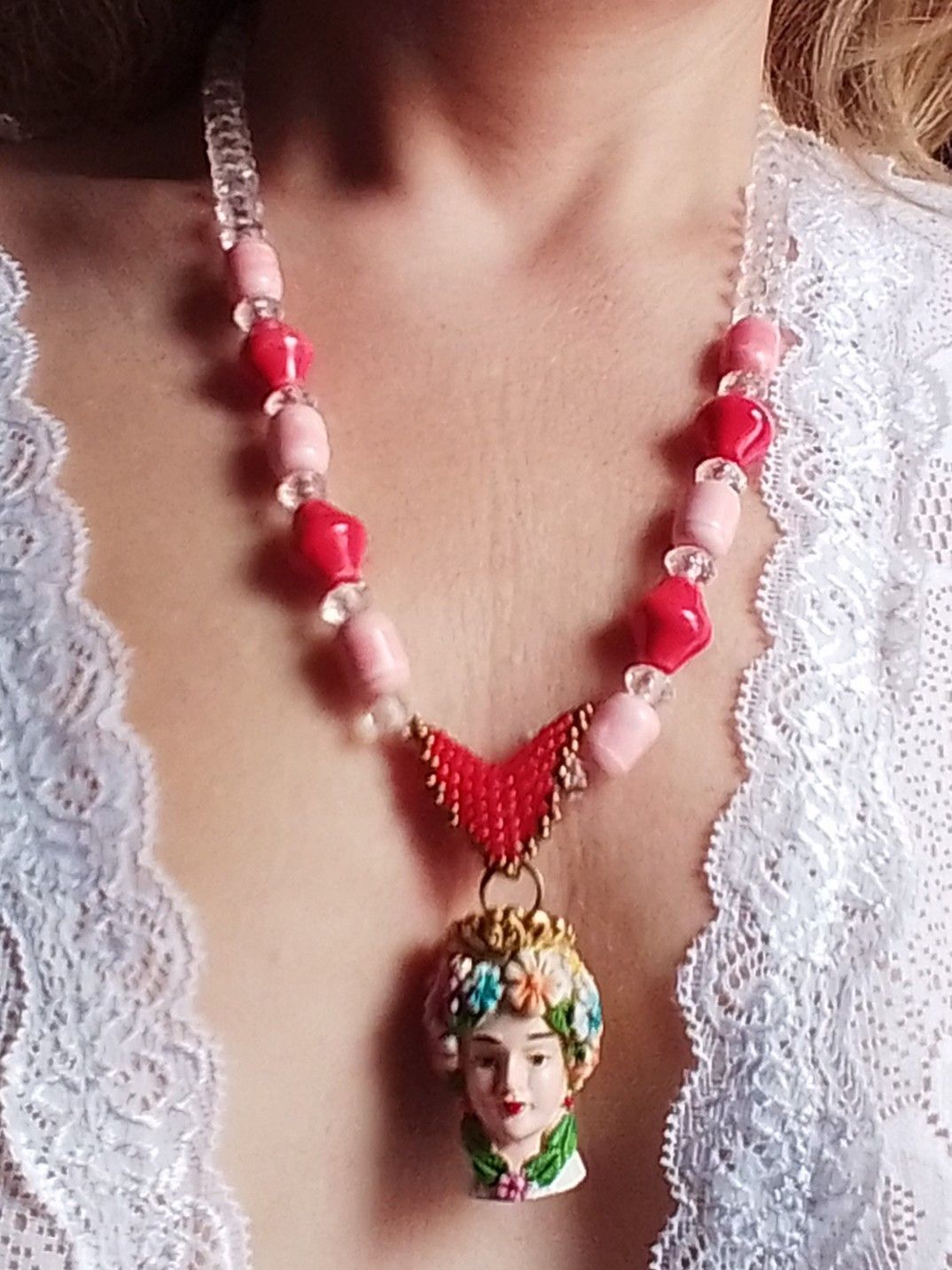 Handmade Long Sicilian Necklace with Head of Moor pendant Ceramics Size ONE SIZE - 6 Thumbnail