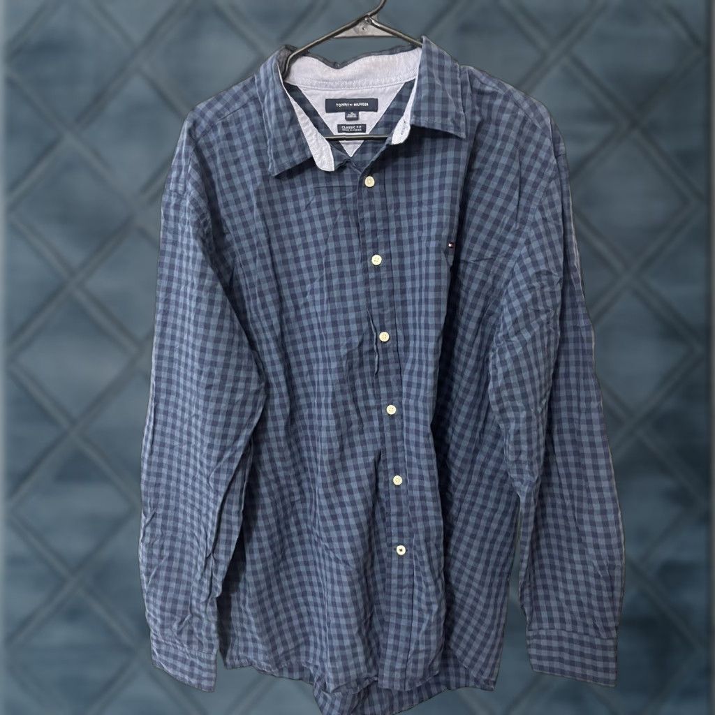 Tommy Hilfiger TOMMY HILFIGER Blue Check Slim Fit Button-Up Shirt Long Sleeve XL Mens Size US XL / EU 56 / 4 - 1 Thumbnail