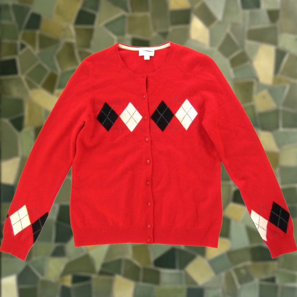 Charter Club Charter Club Cardigan Knit Sweater 2-Ply 100% Cashmere Red White Black Argyle S Womens Casual Cardigan Size S / US 4 / IT 40 - 1 Thumbnail