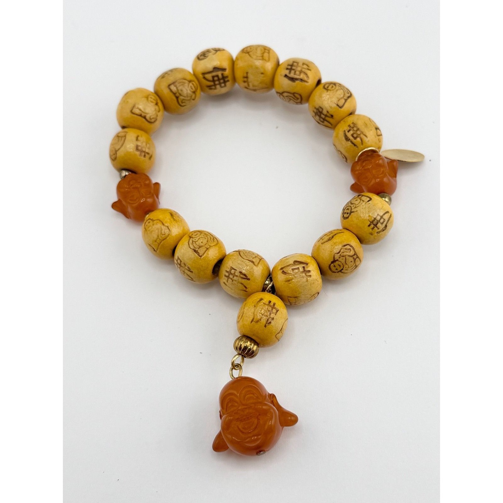 Vintage Vintage wood laughing Buddha charm stretch bracelet Size ONE SIZE - 1 Thumbnail