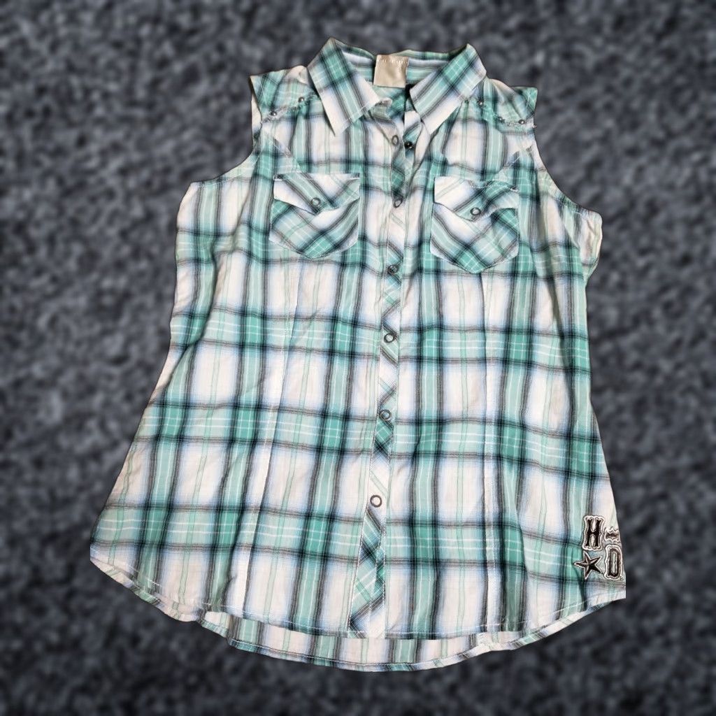 Harley Davidson VINTAGE Harley-Davidson Womens Medium Plaid Sleeveless Button-Up Shirt Collared Logo Cotton Woven 80s Size M / US 6-8 / IT 42-44 - 1 Thumbnail