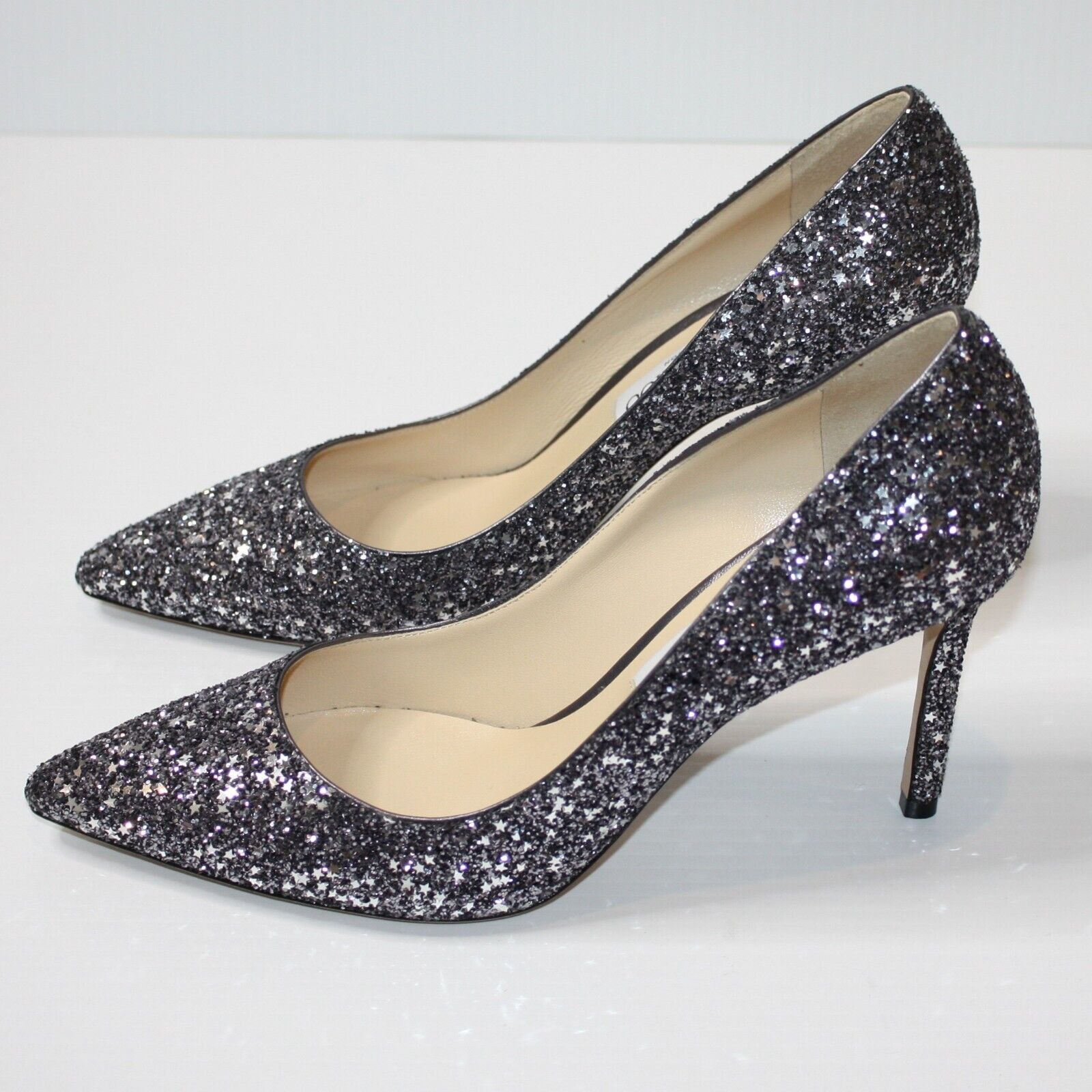 Jimmy Choo Romy 85 Gunmetal Star Coarse Glitter Pointy Toe Pump NEW Size US 10.5 / IT 40.5 - 4 Thumbnail