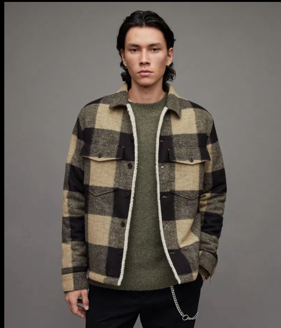 Allsaints Drexel Sherpa lined flannel plaid Chekered jacket