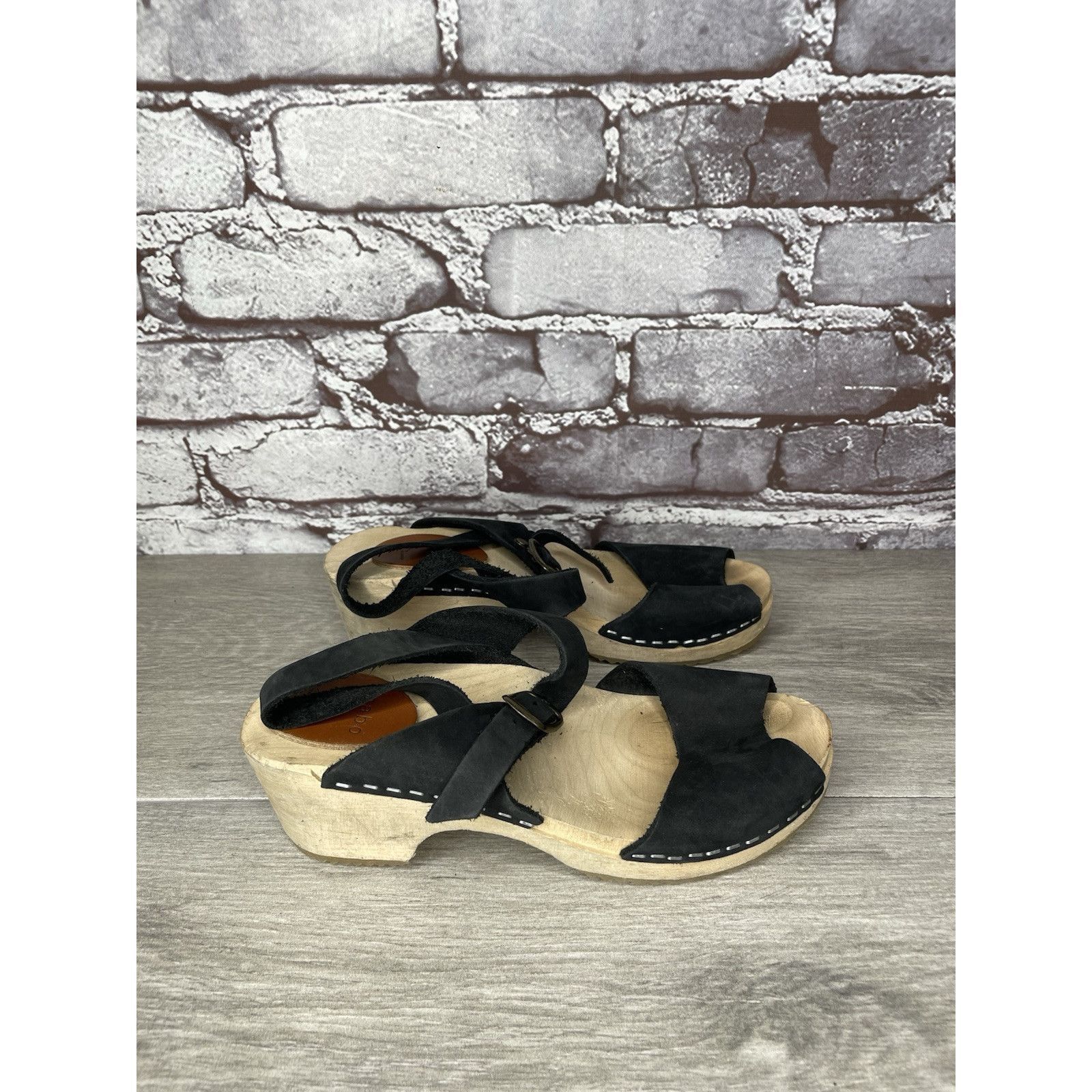 Other Mabo Black Leather Peep Toe Strap Sweden Clogs Heel Sandals Size US 4 / IT 34 - 15 Thumbnail