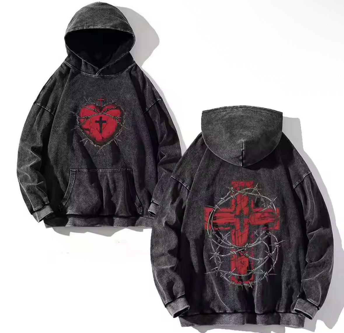 Japanese Brand Vintage Gothic Y2K Heartshape Cross Print Washed Hoodies Size US XL / EU 56 / 4 - 1 Thumbnail