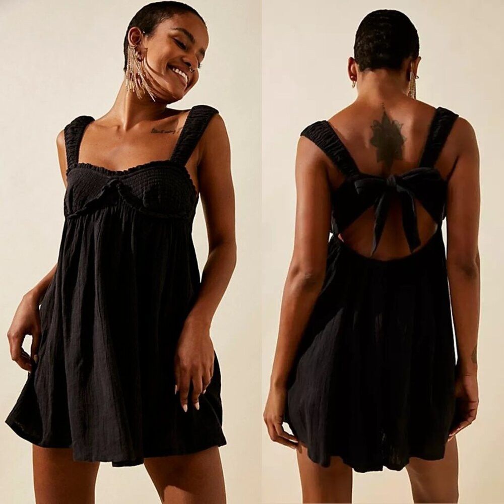 Free People New Free People Blissful Breeze Mini Black Cotton Linen Dre Size XS / US 0-2 / IT 36-38 - 1 Thumbnail