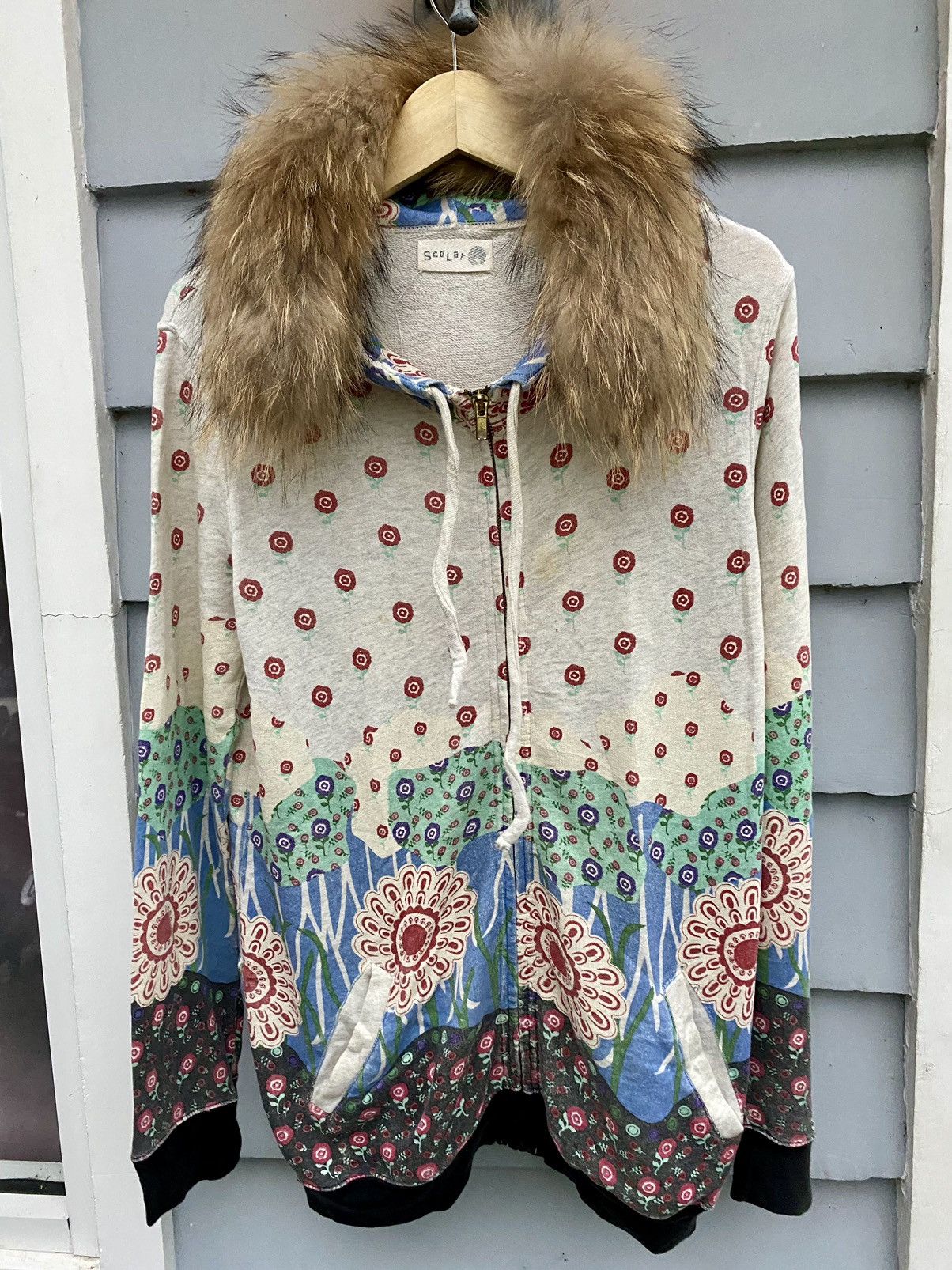 Japanese Brand Scolar Bohemian Japanese Floral All Over Hoodie With Fur Size US M / EU 48-50 / 2 - 1 Thumbnail