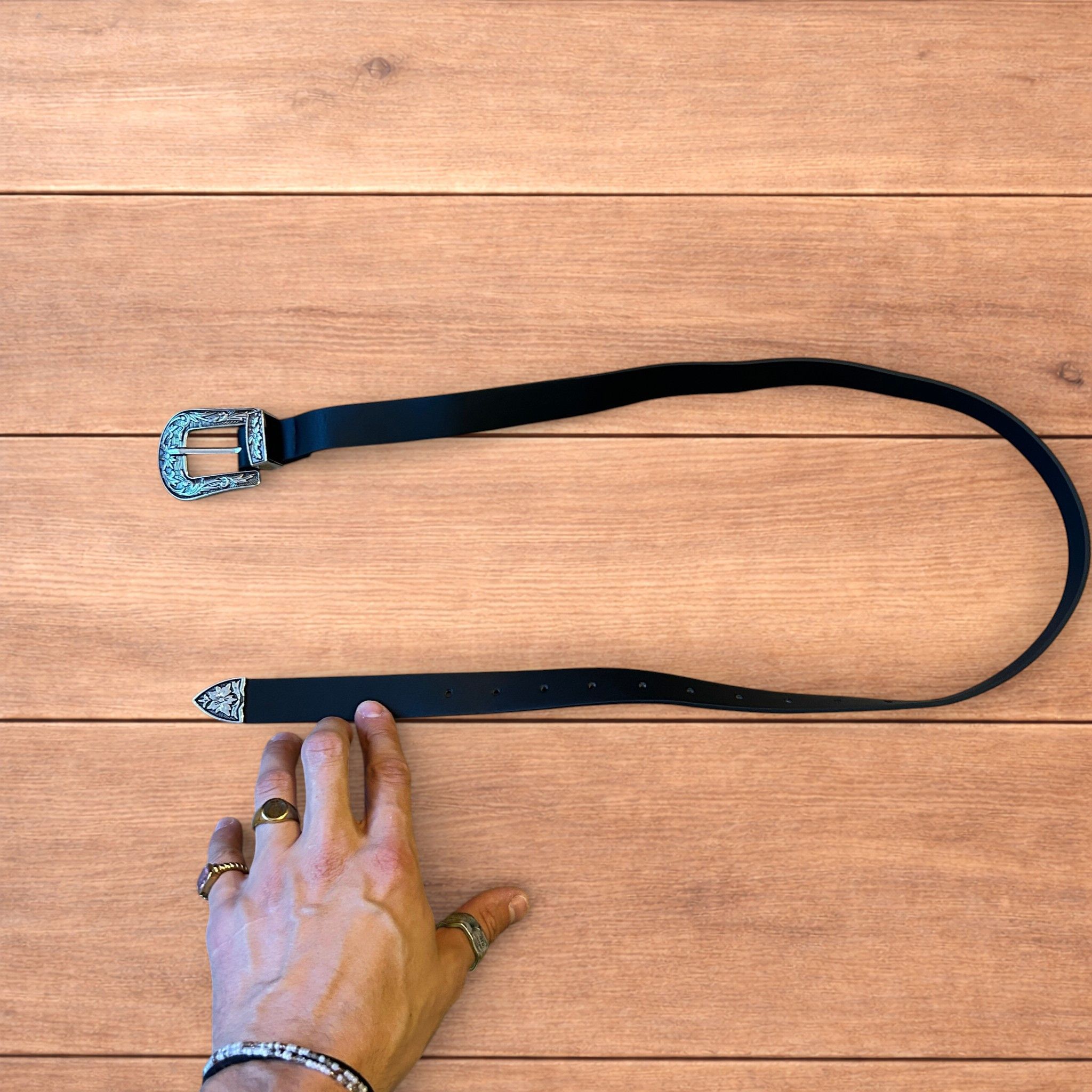 Japanese Brand Faux leather western cowboy belt in black with silver trim. Size ONE SIZE - 4 Thumbnail