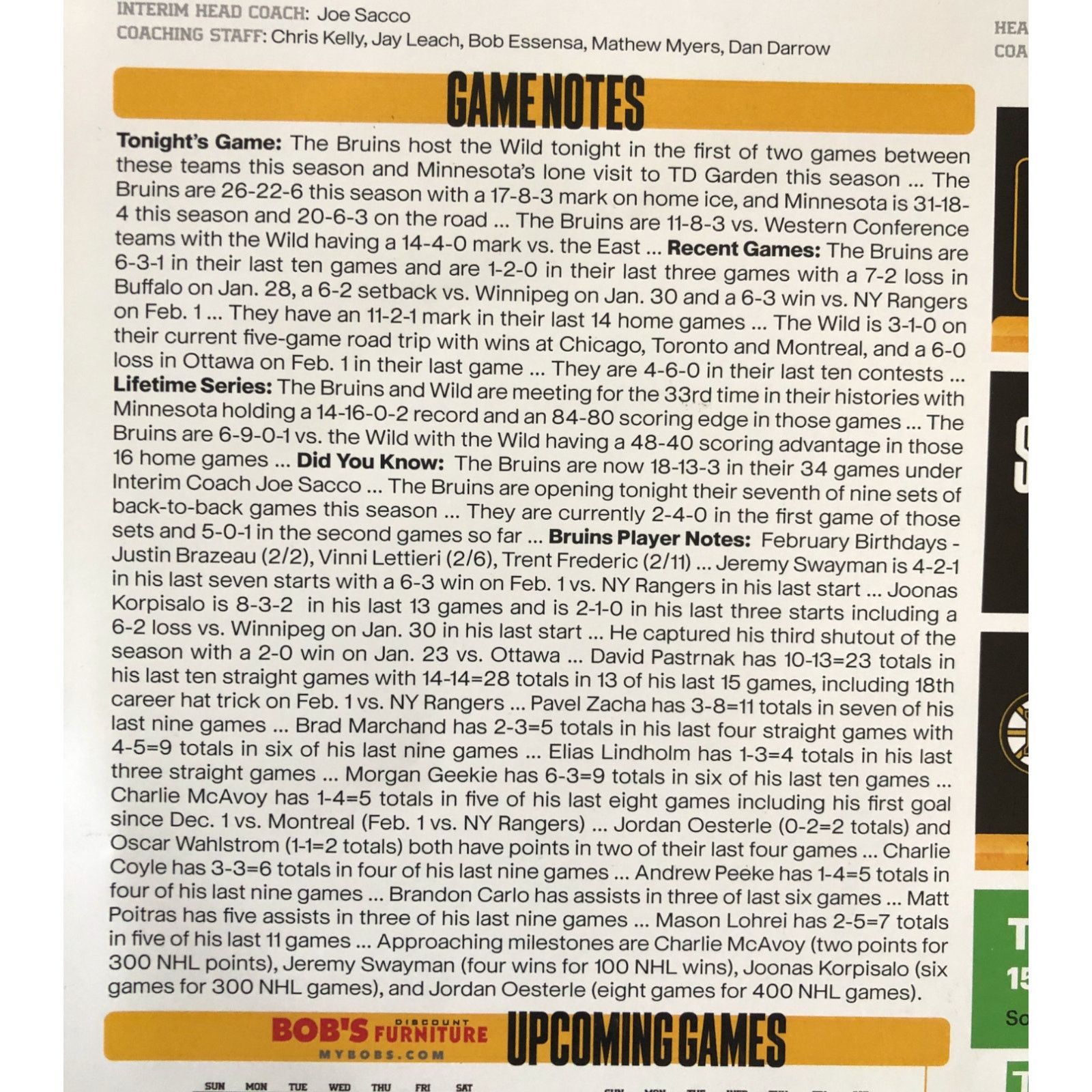 NHL Boston Bruins v Minnesota Wild 2/4/25 Gameday Roster Poster Size ONE SIZE - 5 Thumbnail