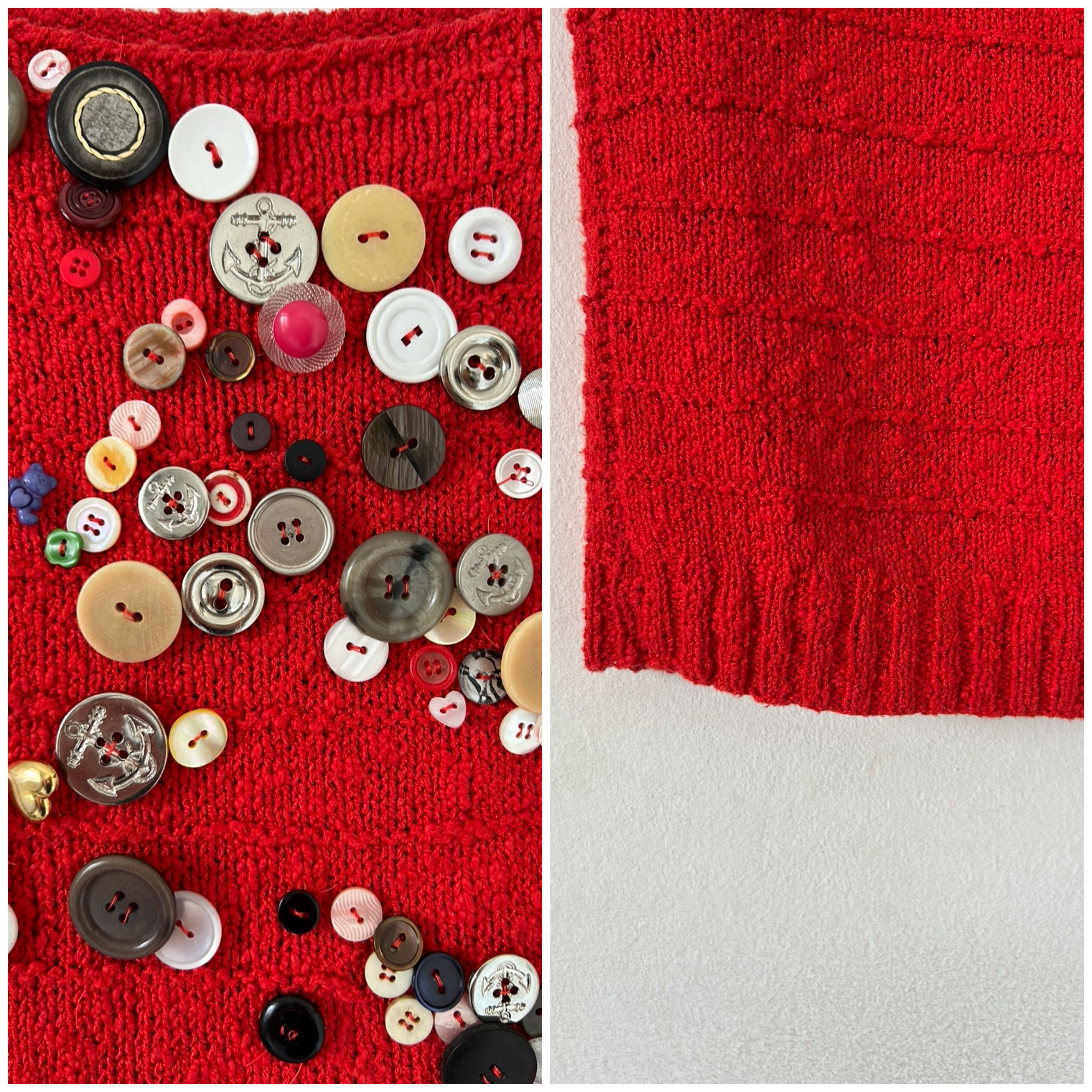 Custommade Reworked Hand-Knit Red Vest: Vintage Button Embellished Top Size ONE SIZE - 5 Thumbnail