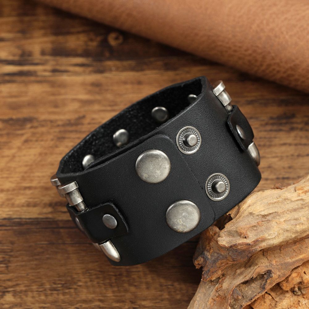 Jewelry × Vintage 23cm Handmade Genuine Cuff Wide Leather Bracelet Size ONE SIZE - 4 Thumbnail